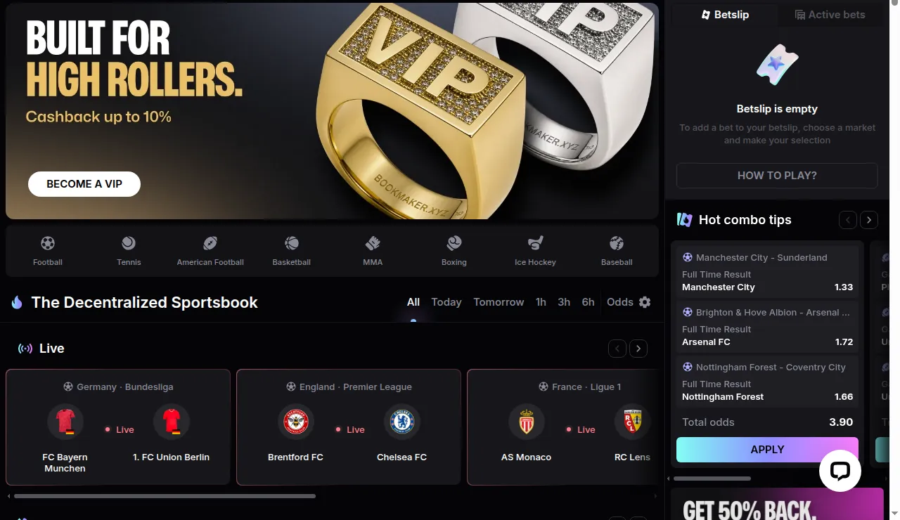 Bookmaker.xyz with sports markets and a connect button