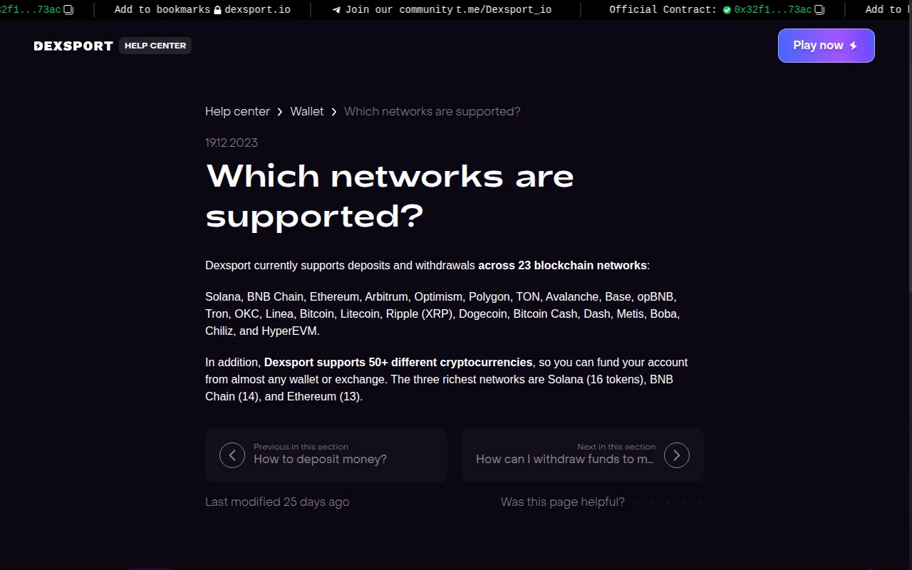 Dexsport help centre answer listing its 23 supported networks