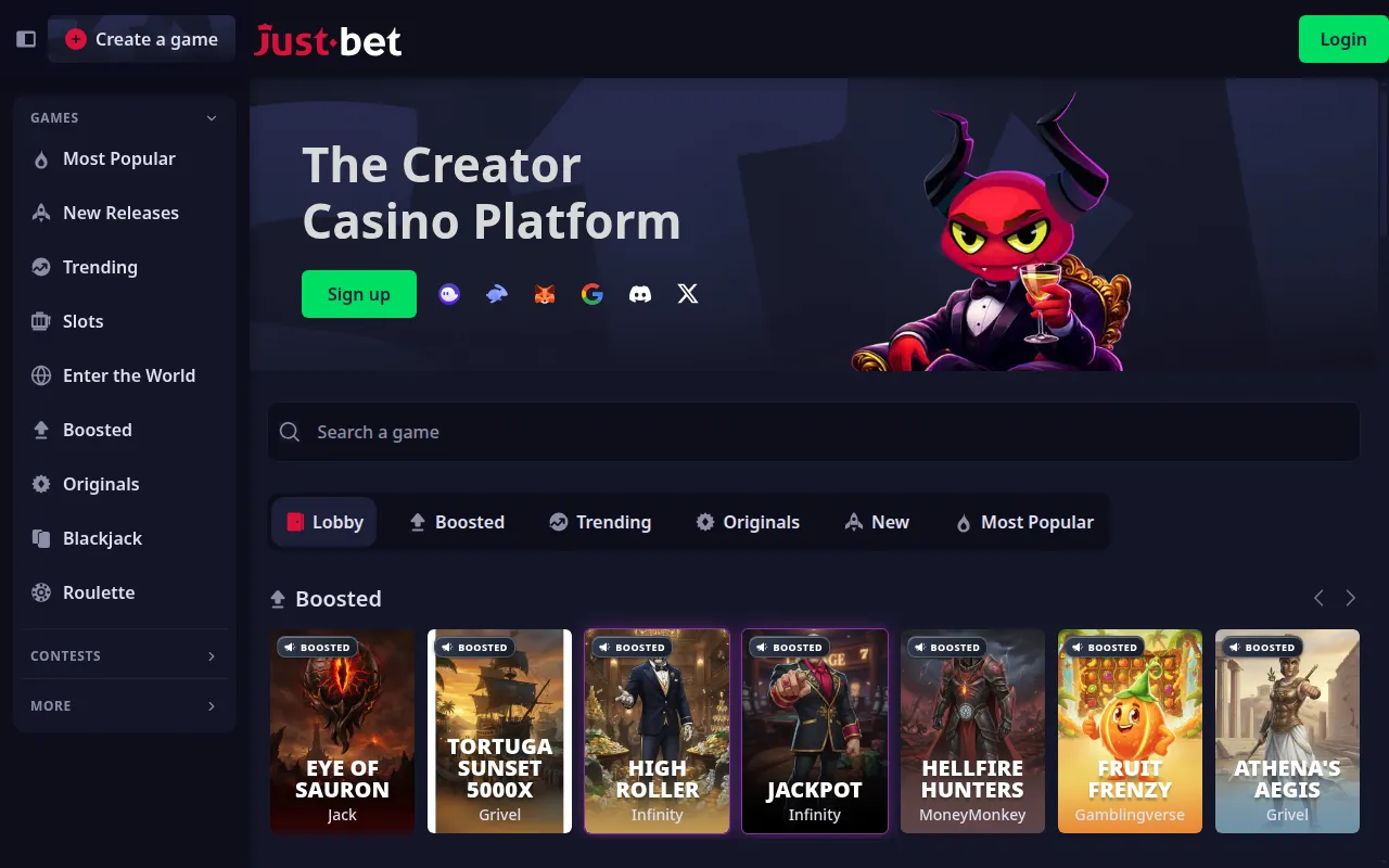 The JustBet lobby with sign-up and social login buttons