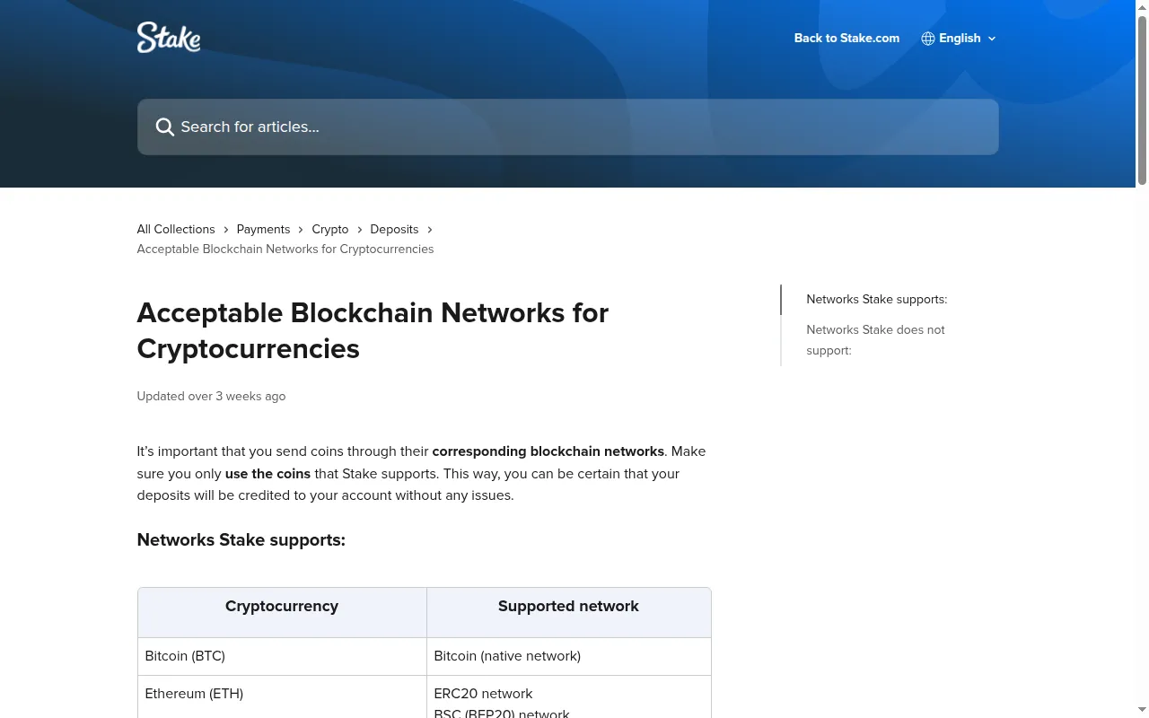 Tabelle der akzeptierten Blockchain-Netzwerke im Hilfebereich von Stake