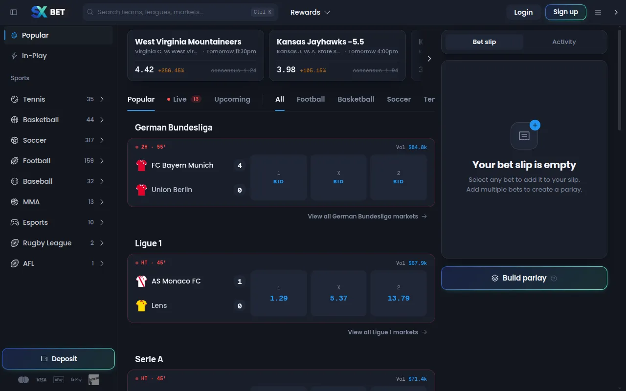The SX Bet exchange with markets and an empty bet slip
