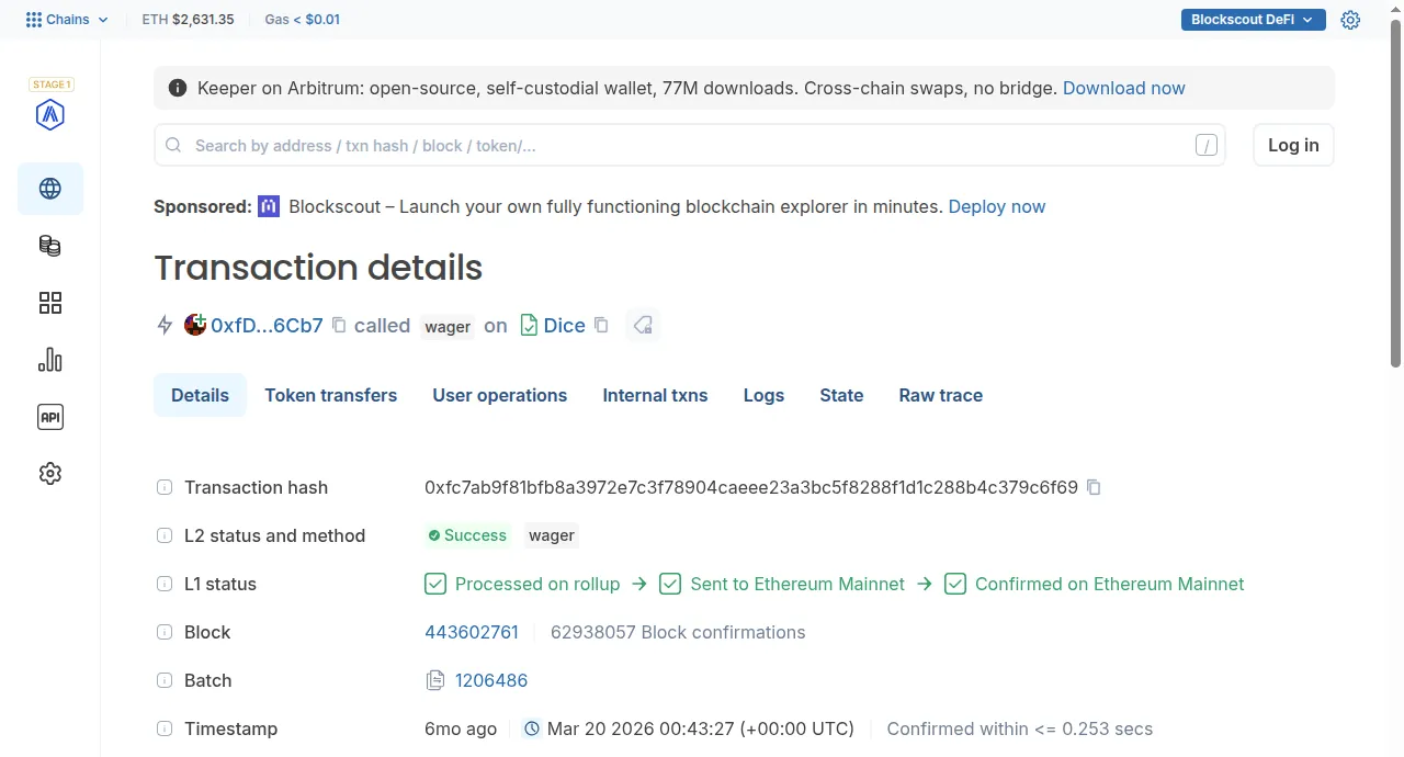 A BetSwirl Dice bet on Arbitrum One in the Blockscout explorer