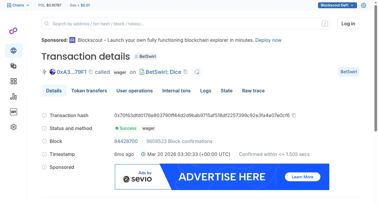 A BetSwirl Dice bet on Polygon in the Blockscout explorer