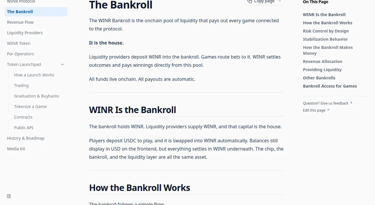 WINR documentation on how the bankroll works