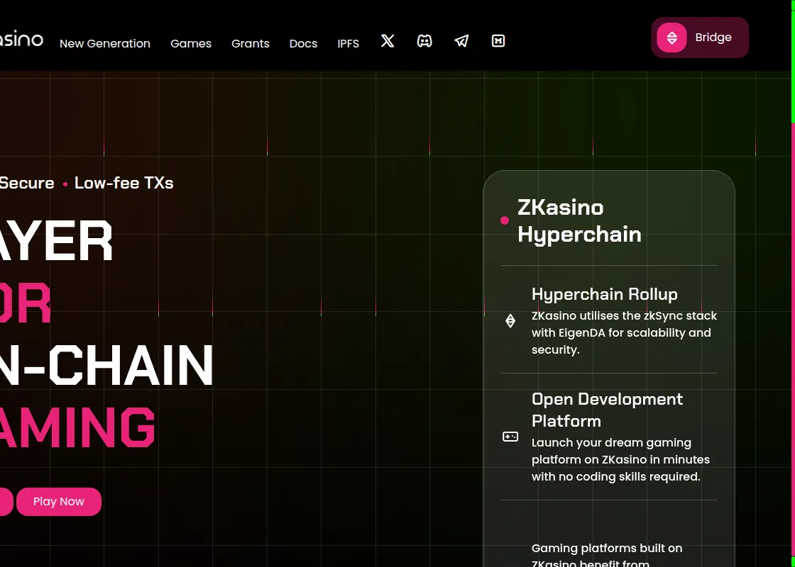 The ZKasino page advertising a bridge to its own chain